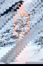 Strapless beaded column gown with illusion detailing front view