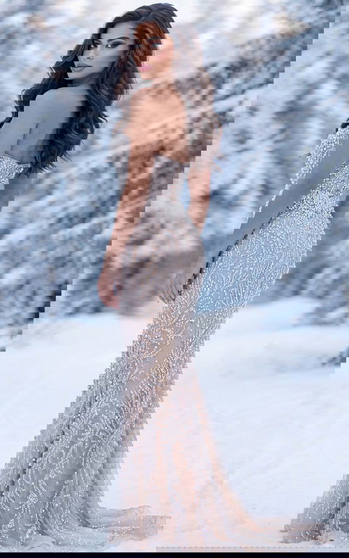 Back view of beaded illusion column evening gown with fitted silhouette