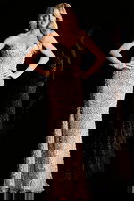 Glamorous long beaded gown with shimmering design and form fitting shape