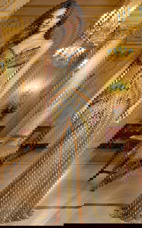 Beaded illusion column gown with spaghetti straps and fitted silhouette