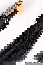 Long black gown with sheer beaded lace bodice, feather-trimmed sleeves, and flowing tulle skirt.