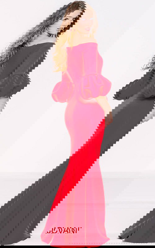 Back view of model wearing Jovani 39739 burgundy gown highlighting ruched sleeves and mermaid silhouette.