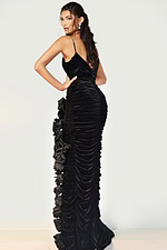 Elegant velvet dress featuring rhinestone straps and floral side slit