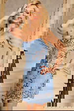 Strapless mini dress with sheer fabric and blue floral sequin embroidery