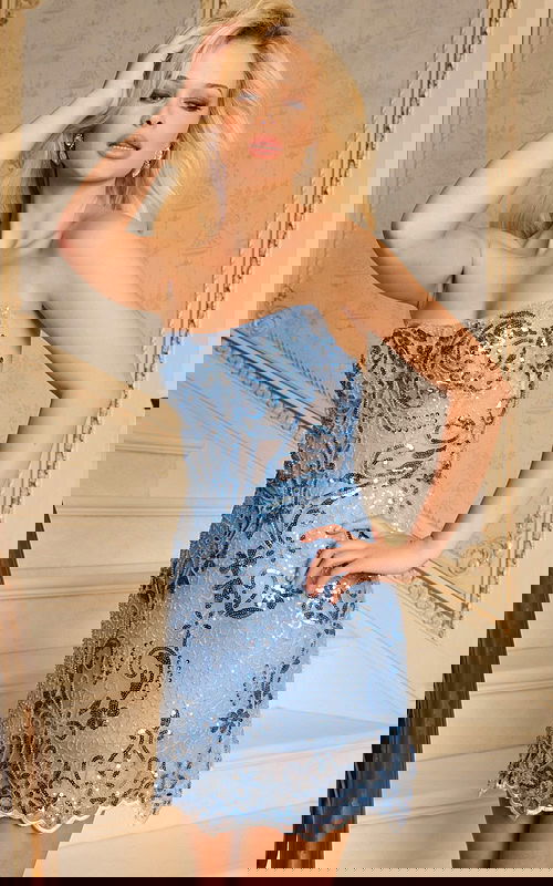 Strapless mini dress with sheer fabric and blue floral sequin embroidery