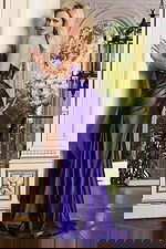 Purple satin gown with side slit and back lacing