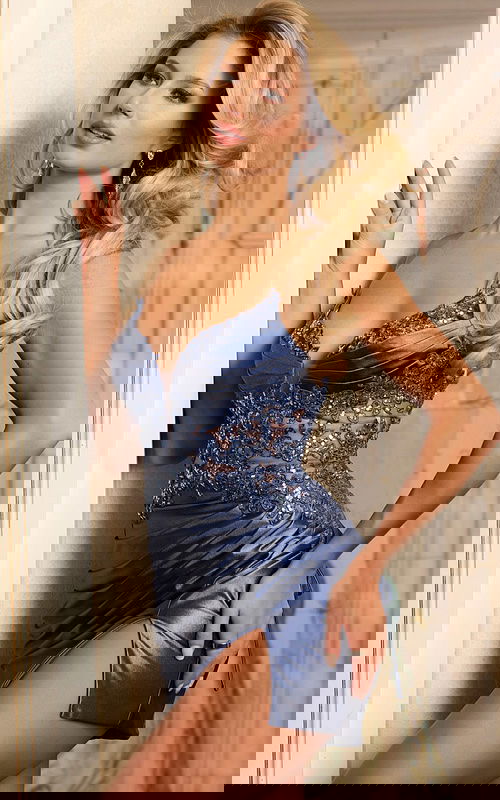 Front View Of Mini Dress With Sheer Corset And Sequins