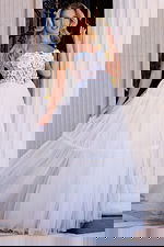 Tiered White Tulle Dress With Sheer Floral Corset