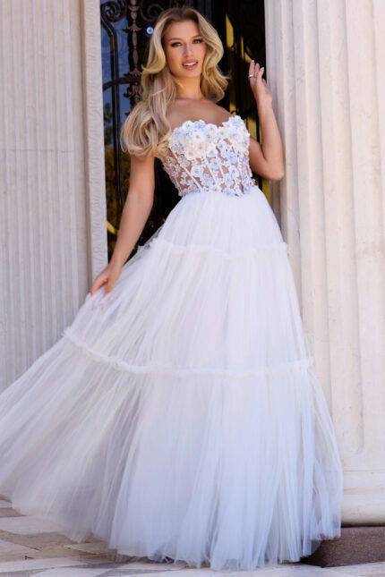 Tiered White Tulle Dress With Sheer Floral Corset