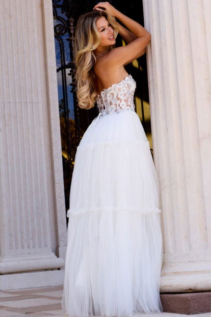 Strapless Gown With Floral Lace And Flowing Skirt
