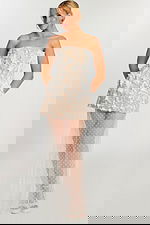 Ivory strapless gown with floral lace and 3D appliqué details