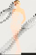 Side view of strapless ivory gown with floral texture