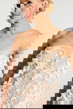 Close-up of sequin embroidery and sheer bodice on ivory dress