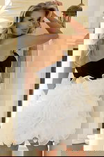 Back view of rosette skirt dress with strapless top