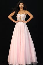 Front view of strapless beaded gown with corset bodice and tulle skirt
