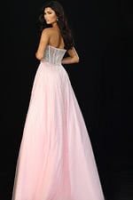Back view of strapless gown with shimmering beadwork and sheer corset design