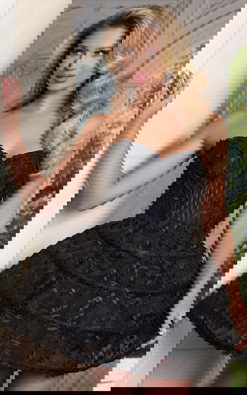 Strapless floral textured mini dress with corset bodice