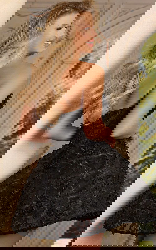 Short formal dress with voluminous skirt and 3D embroidery