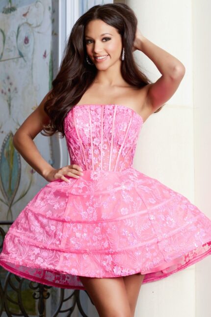 Strapless Pink Dress With Floral Sequins And Flared Skirt