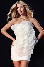 Strapless white mini dress with large organza flower detail