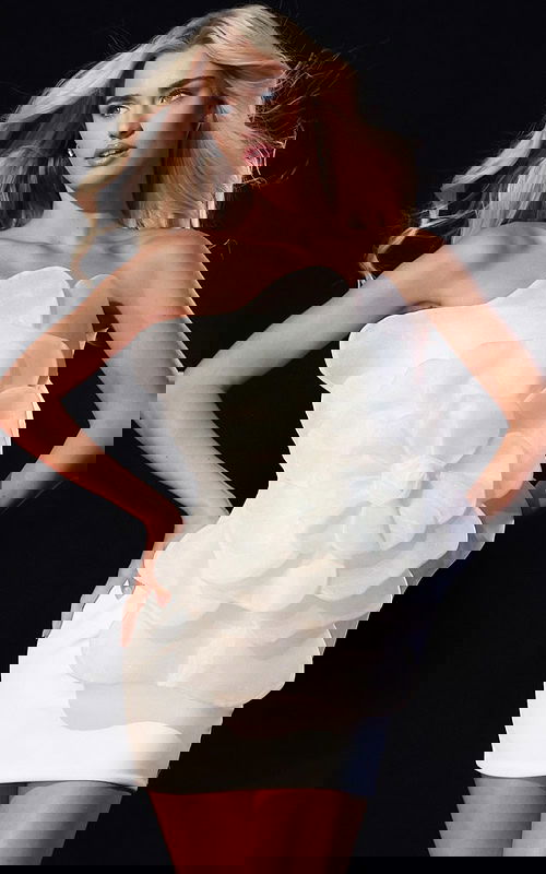 Strapless white mini dress with large organza flower detail