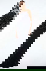 Strapless black evening gown with sculpted floral bodice and fitted straight skirt shown from the front