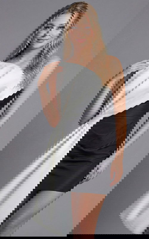 One shoulder fitted mini dress with soft draping and modern asymmetric design