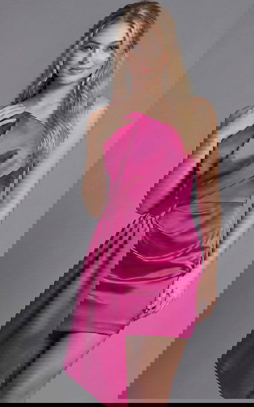 One shoulder fitted mini dress with oversized bow detail and sleek silhouette