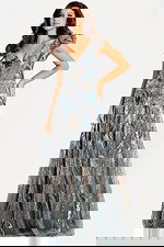 Beaded A-line evening dress featuring shimmering metallic embroidery