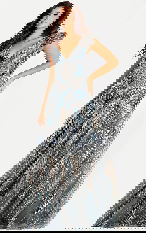 Beaded A-line evening dress featuring shimmering metallic embroidery