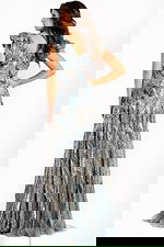 Elegant grey ball gown with layered embellishments and flowing skirt