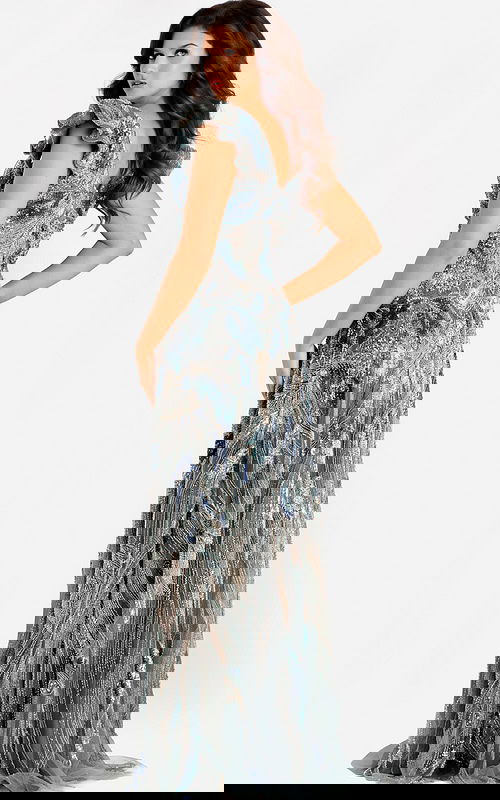 Grey sequin gown with flutter sleeves and deep V-neckline