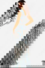 Grey sequin gown with flutter sleeves and deep V-neckline