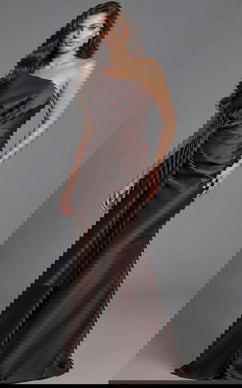 One shoulder satin gown with draped knot detail and fitted silhouette