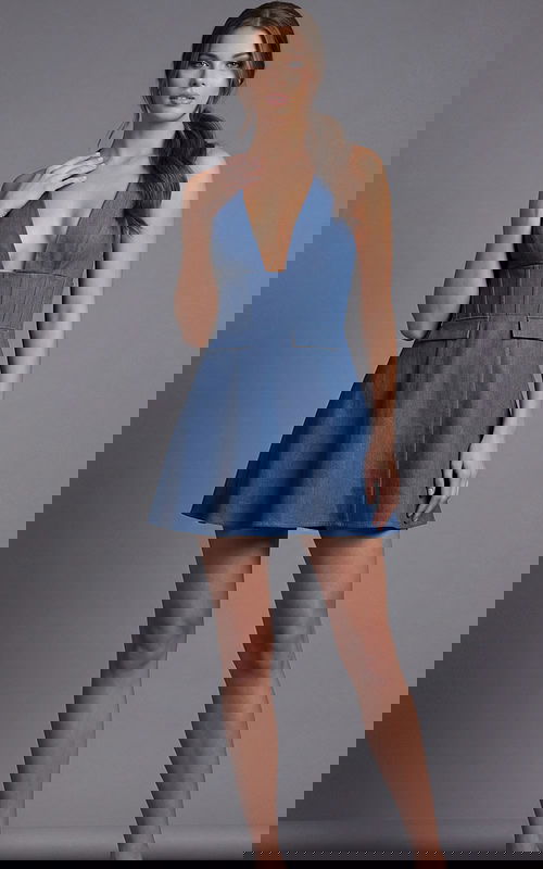 Front view of a halter mini dress with deep V neckline and fitted waist