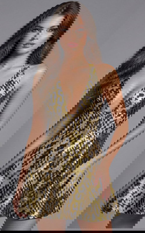 gold animal print deep v neck short dress 45956