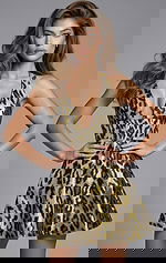 Front view of plunging halter fit and flare mini dress with structured waist