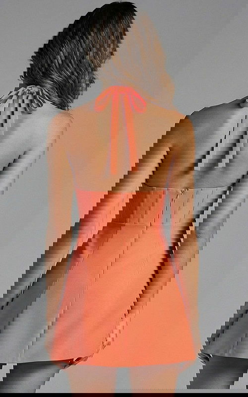 Halter neck corset mini dress with deep V neckline and fitted silhouette