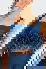 Denim Feathered Crop Top and Pants Set – Jovani 45973