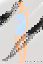 Model Wearing Denim Two-Piece Set with Feather Trim Crop Top and Mini Skirt