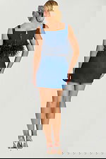 Back View of Denim Two-Piece Outfit with Zippered Crop Top and Mini Skirt