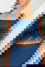 Close-Up of Square Neck Feather Trim Crop Top with Patch Pockets on Skirt