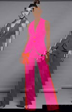 Sleeveless tailored suit with fitted vest and wide leg trousers back view