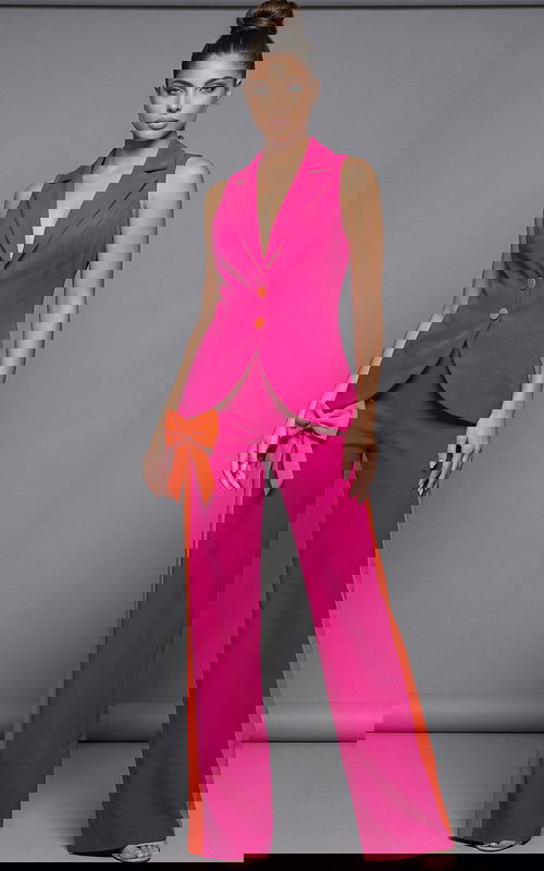 Sleeveless tailored suit with fitted vest and wide leg trousers back view