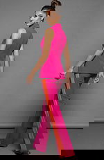 Sleeveless tailored suit with deep V vest and wide leg trousers