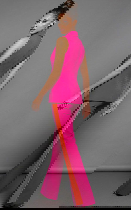 Sleeveless tailored suit with deep V vest and wide leg trousers