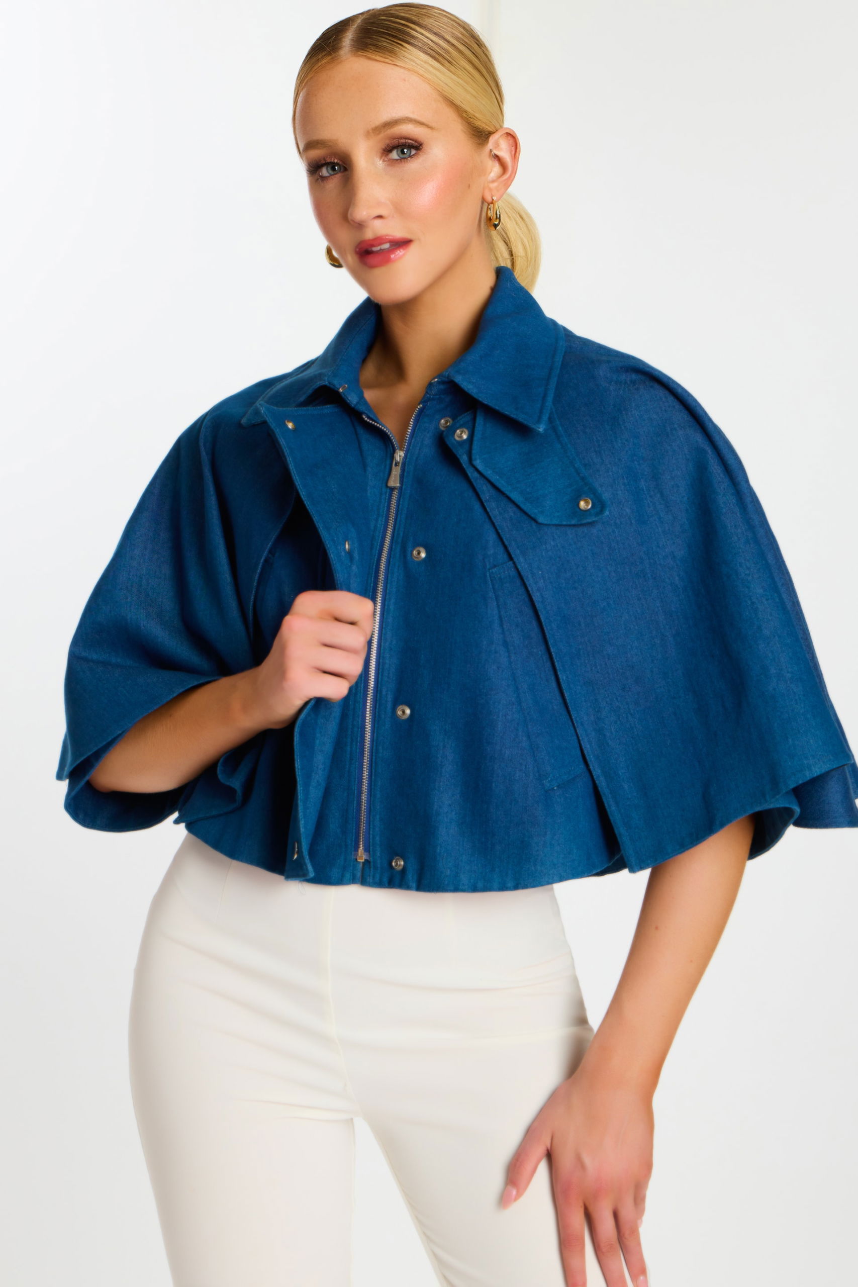 Cropped Denim Cape Jacket With Button Front 45995 | Jovani