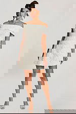 Off-the-shoulder off-white short dress with floral lace overlay