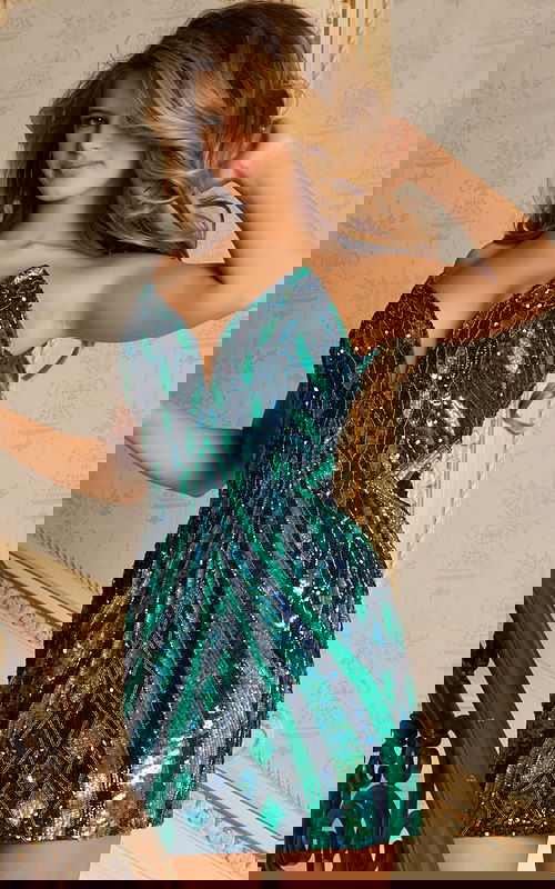 Strapless mini dress with emerald blue sequins