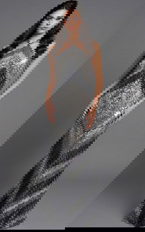 fitted beaded gown highlighting the halter neckline and vertical fringe pattern